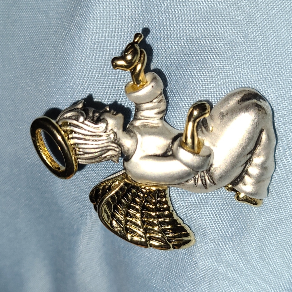 Angel Brooch -- Gold & Silver Kneeling Angel holding Dove 1-1/2" EUC